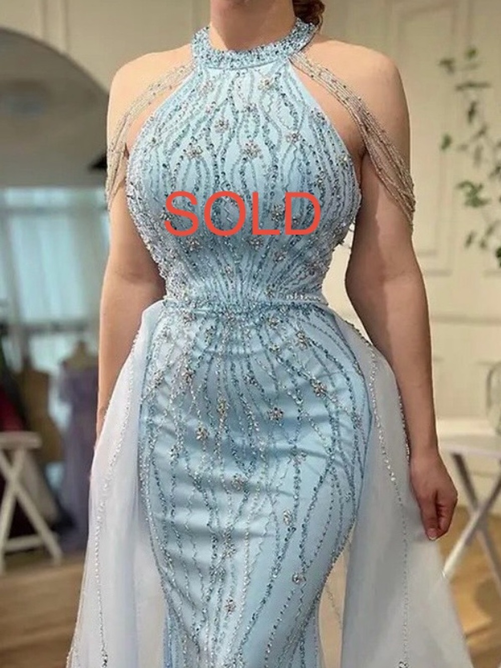 Unk Light Blue Beaded Halter Prom Gown
